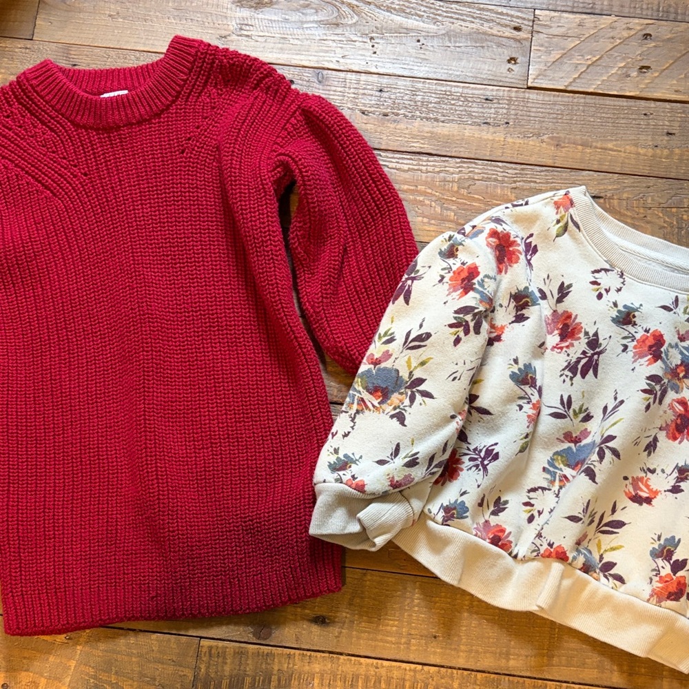 Baby GAP 3t Vibrant Red Knit Sweater dress and floral sweatshirt